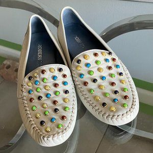 NWOT Robert Zur Driving Moccasins 7.5 AA White w Multicolor Beads